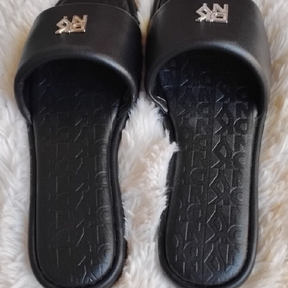 DKNY Black Slide Sandals with Metallic Logo - Picture 7 of 8